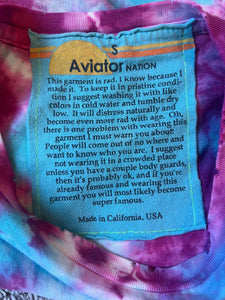 Aviator Nation women’s distressed tie dye embroidered rainbow tee S