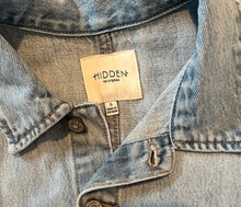 Hidden women’s rigid denim button down romper S