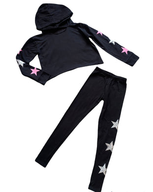 Girls 2pc studded glitter star cropped hoodie & leggings set M (10-12)