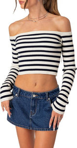 Edikted women’s ribbed off shoulder striped cropped sweater Junior M