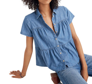 Madewell women’s tiered chambray button down top XS