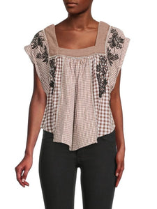 We The Free by Free People women’s Half Moon gingham print embroidered top XS