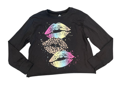 Pixie Lane girls tie dye and leopard lips raw hem top 9-10