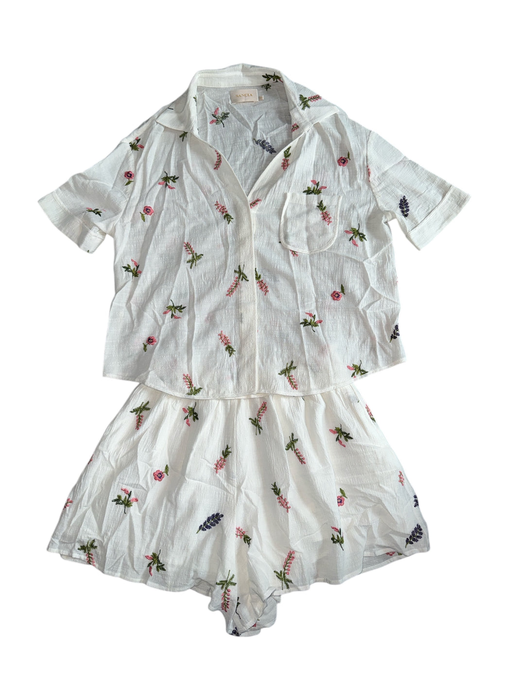 Sancia women’s 2pc Willa gauzy embroidered floral blouse & Edin shorts set M
