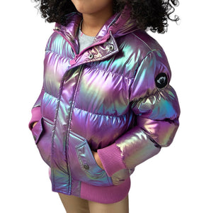 Appaman girls iridescent winter hooded puffer jacket - code pink 8