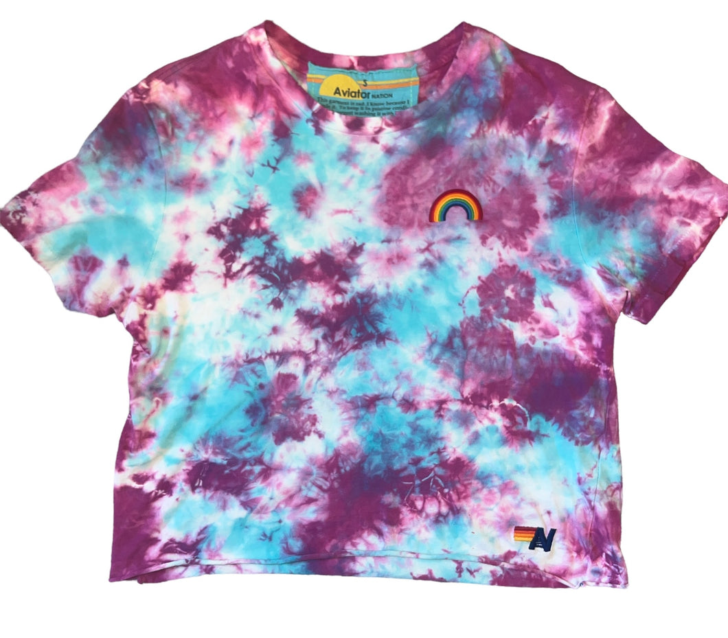 Aviator Nation women’s distressed tie dye embroidered rainbow tee S