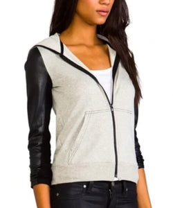 Bailey 44 women’s faux leather sleeve zip hoodie S