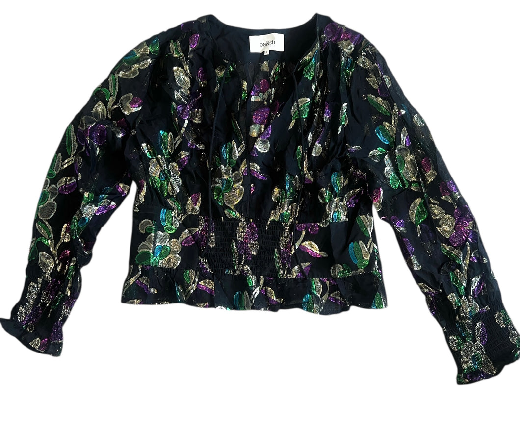 Ba$sh women’s Angelo metallic floral cropped peasant top 3(L)