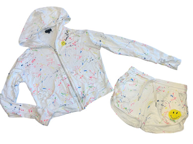 Flowers By Zoe girls 2pc distressed splatter zip hoodie & shorts set XL(14)