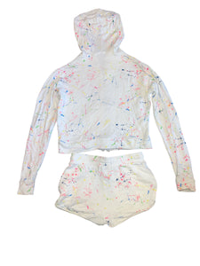 Flowers By Zoe girls 2pc distressed splatter zip hoodie & shorts set XL(14)