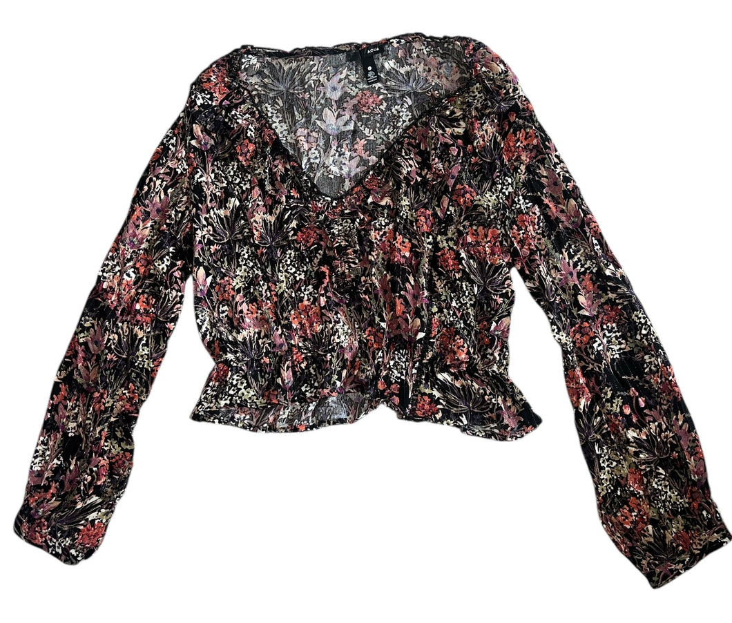 Aqua women’s floral cropped peasant blouse L