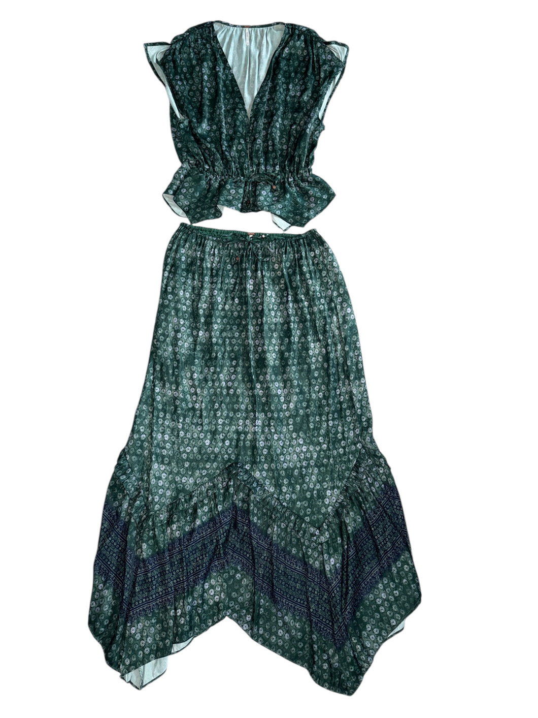 Free People women’s 2pc Dreambound silky blouse & skirt set XS