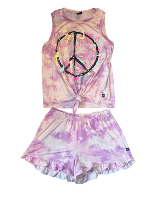 Pixie Lane girls 2pc knotted tie dye splatter peace tank & shorts set 11-12