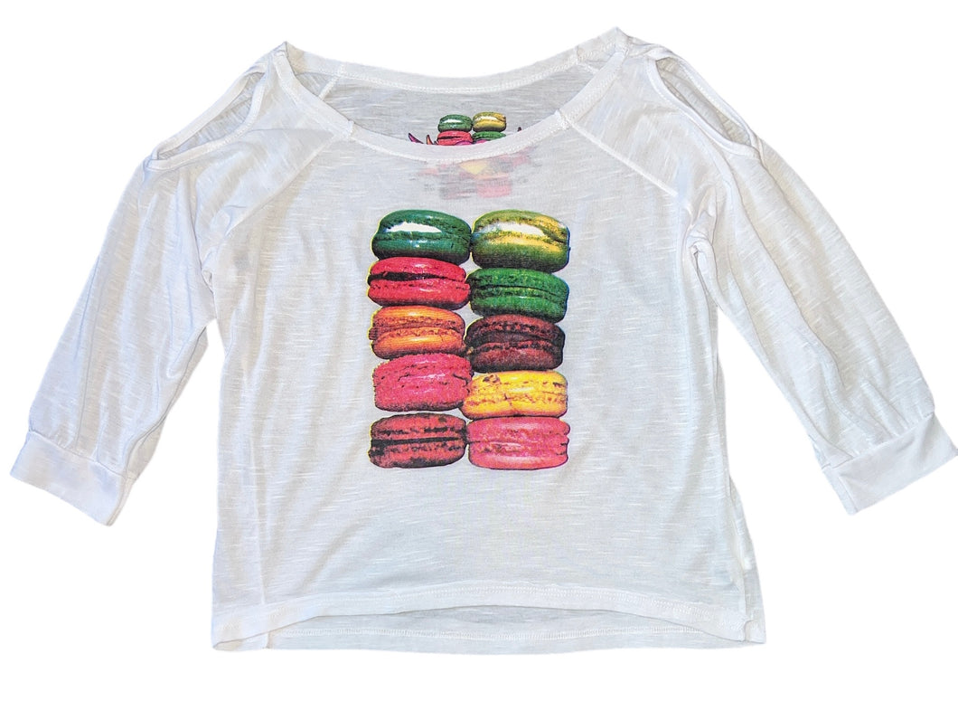 So Nikki girls cold shoulder 3/4 sleeve crop top with macaron graphic S(7-8)