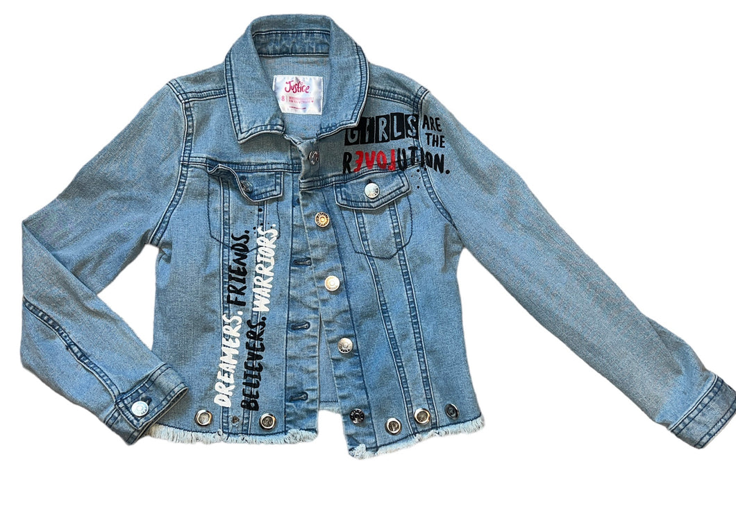 Justice Girls Are The Revolution button down jean jacket (missing grommet) 8
