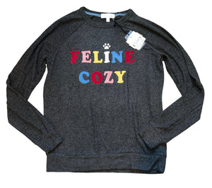 PJ Salvage women’s 2pc Feline Cozy pullover & flannel snow cat print sleep shorts set XS NEW