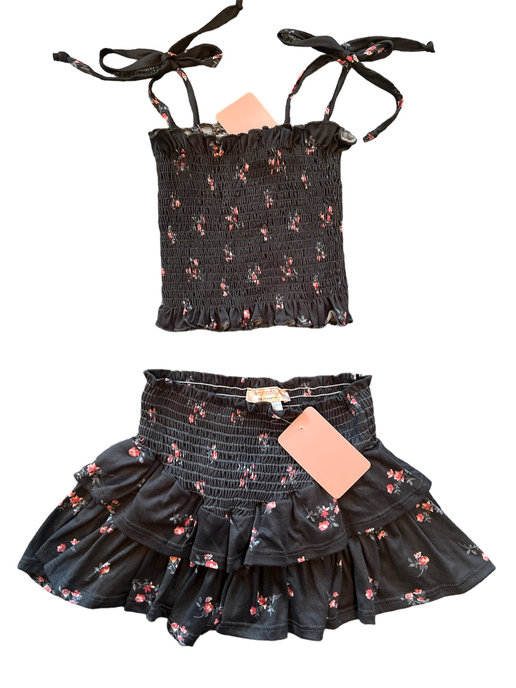 Tweenstyle By Stoopher girls 2pc floral smocked crop tank & mini skirt set 4 NEW