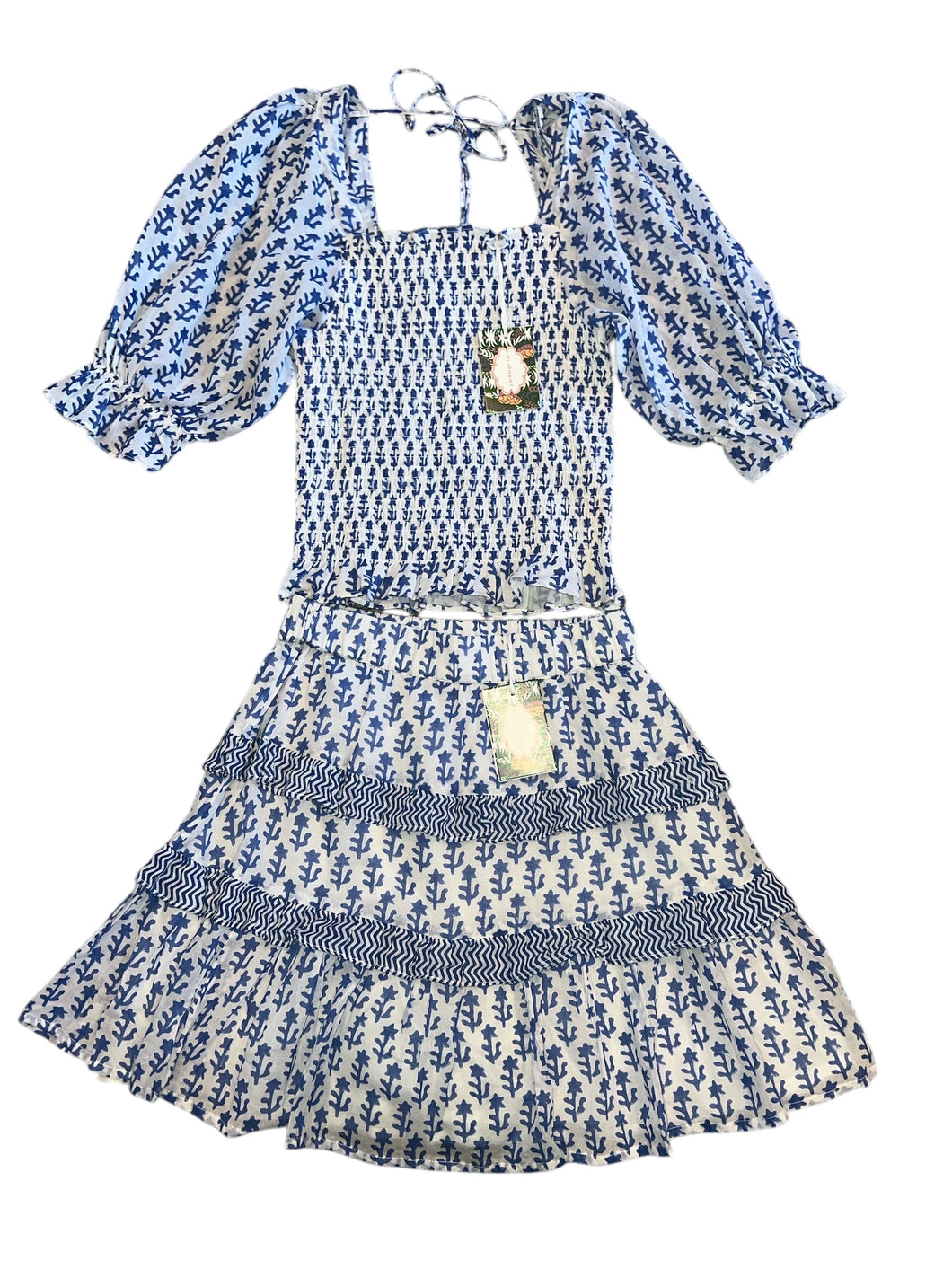 Oliphant women’s 2pc smocked peasant top & skirt set XS NEW