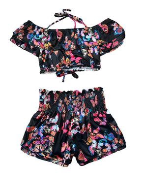 Submarine girls 2pc Fly Away Butterfly off shoulder crop top & smocked shorts set L(12-14)