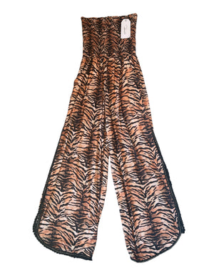 Peixoto women’s strapless smocked tiger print open leg jumpsuit XS NEW