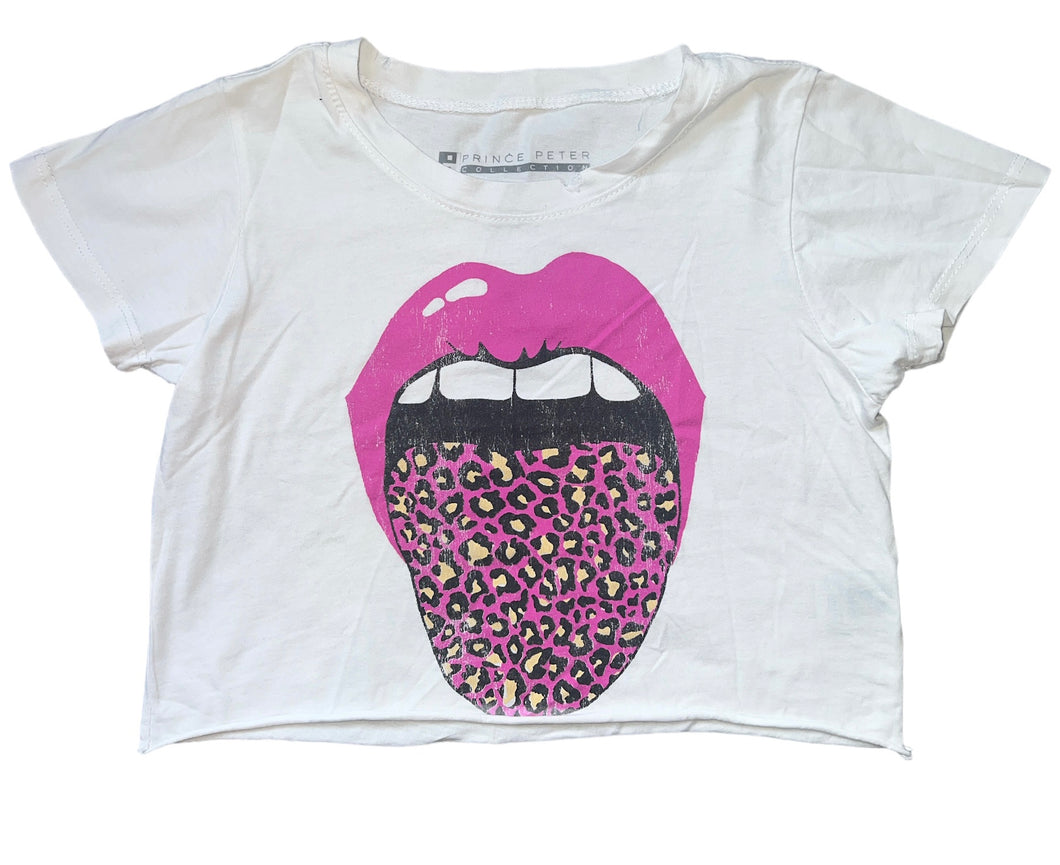 Prince Peter girls leopard tongue graphic distressed cropped tee L(12-14)