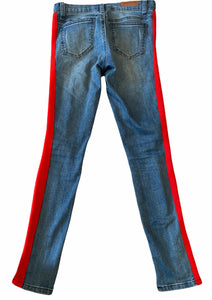 Pinc girls hi low hem distressed skinny jeans with red panels 14