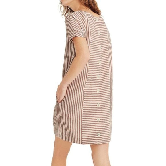 madewell linen stripe dress Madewell Cassie Linen Button Front Midi Dress Blue White Striped Sz L