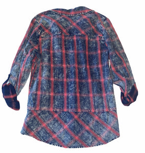 Skies Are Blue women’s checkered chambray roll sleeve top XS NEW