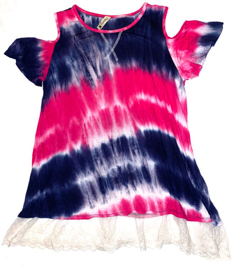 Pomelo girls tie dye cold shoulder lace hem top XL