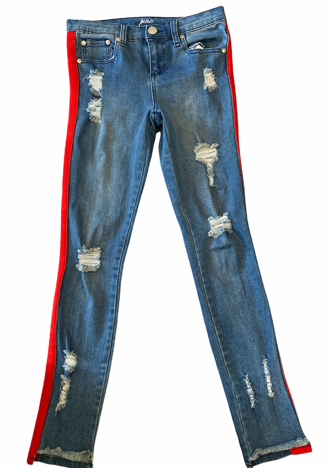 Pinc girls hi low hem distressed skinny jeans with red panels 14