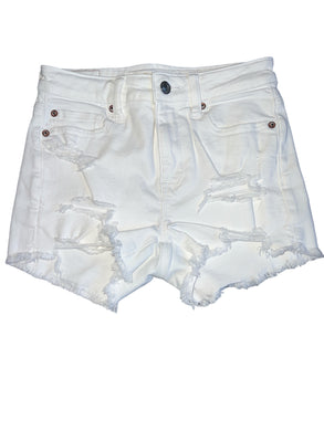 American Eagle women’s junior’s white Hi-Rise Shortie ripped cutoff jean shorts 0