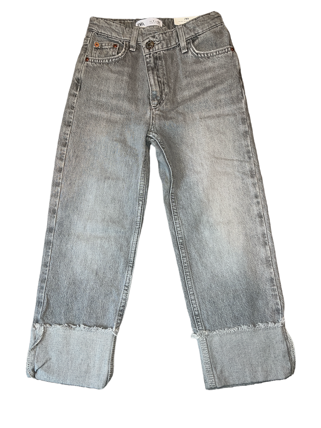 Zara girls large cuff straight leg high rise crop jeans 7 NEW