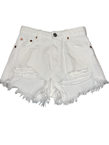 Zara women’s hi rise distressed denim white jean shorts 2