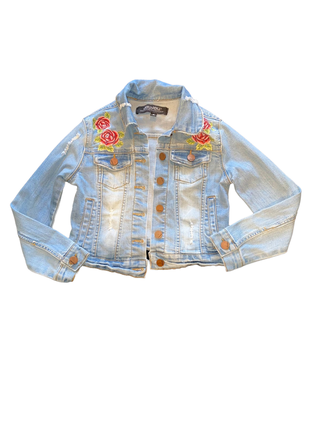 Jou Jou girls l button down denim jacket with embroidered roses S(6/6x)
